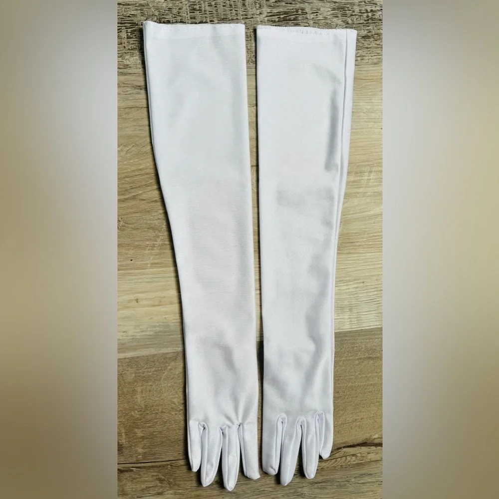 These long women's gloves, 20 inches in length, are made of stretchy satin